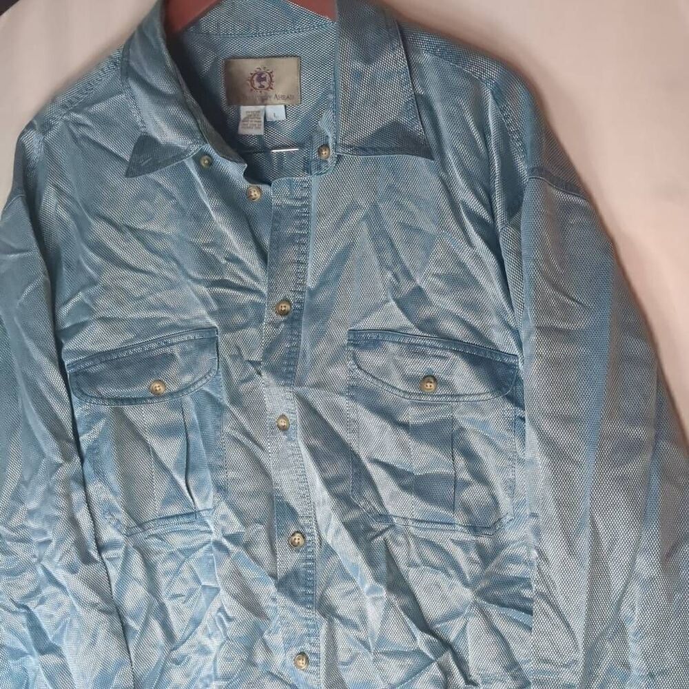 VTG Territory Ahead Silk Satin Mens Button Front Long Sleeve Shirt Aqua Blue Sil